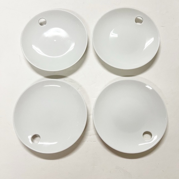 Crate & Barrel White Porcelain 6" Loop Plate Appetizer Plate with Hole Set of 4 - Picture 1 of 7
